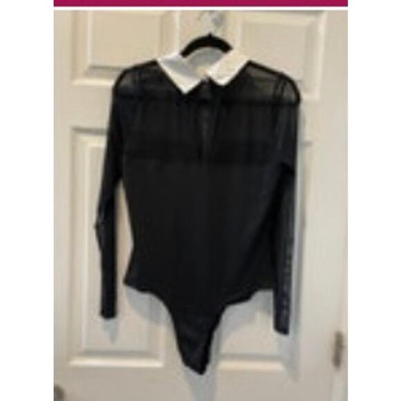 Unique Vintage Black Mesh Bodysuit with White Cuffs and Collar Sz L #61 - Picture 5 of 6